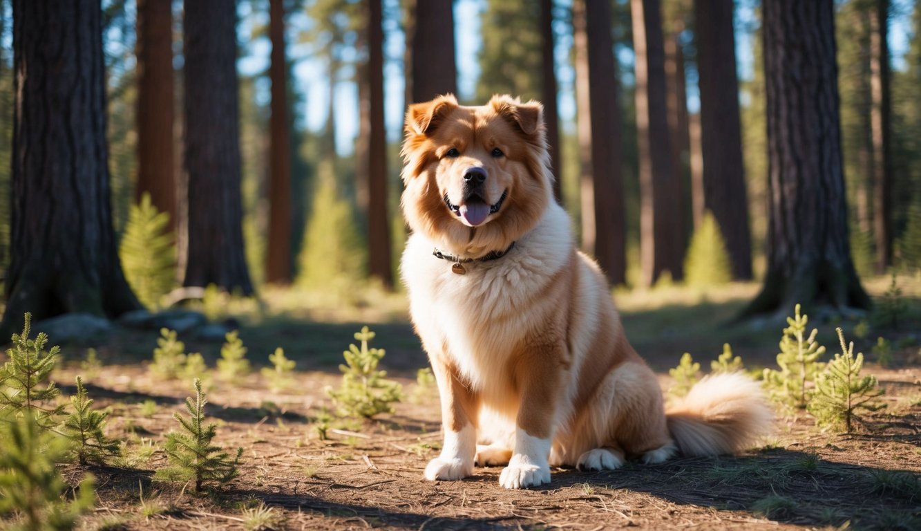 A large, fluffy dog with bear-like features sits calmly in a forest clearing, surrounded by towering trees and dappled sunlight