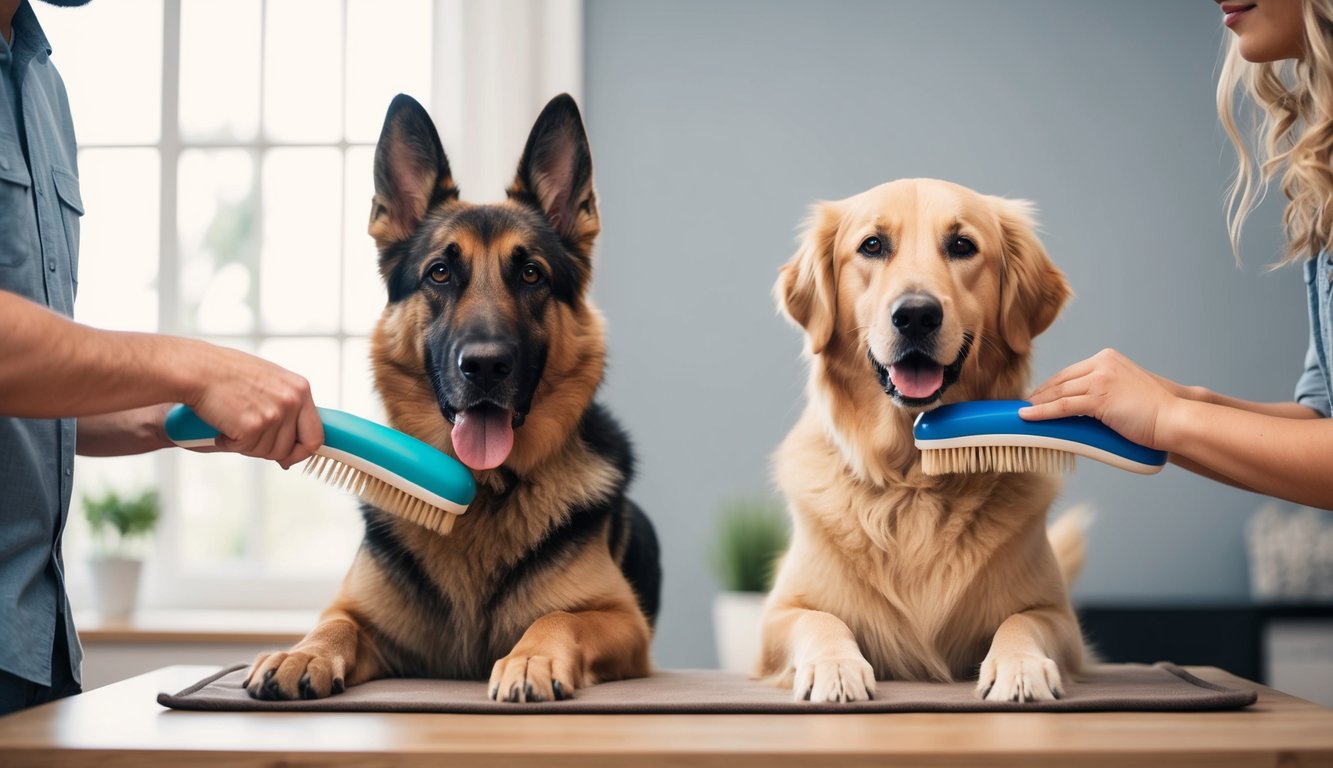 A German Shepherd and a Golden Retriever are being brushed daily in a calm and organized manner, with their fur shedding being managed effectively