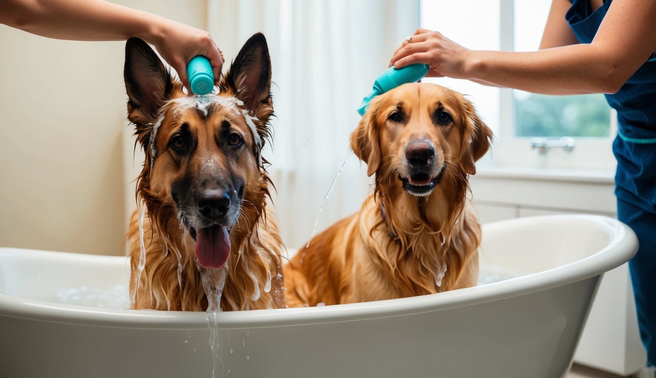 A German Shepherd and a Golden Retriever stand in a bathtub, being bathed with shedding-controlling shampoo by a pair of hands. The dogs look relaxed as water cascades over their fur