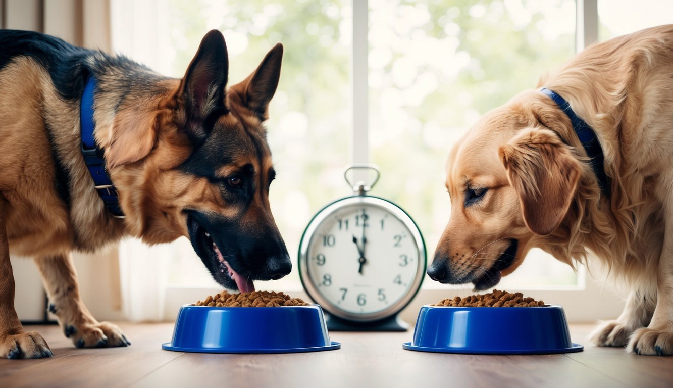 A German Shepherd and a Golden Retriever being fed at the same time every day, with a clock in the background showing a consistent schedule