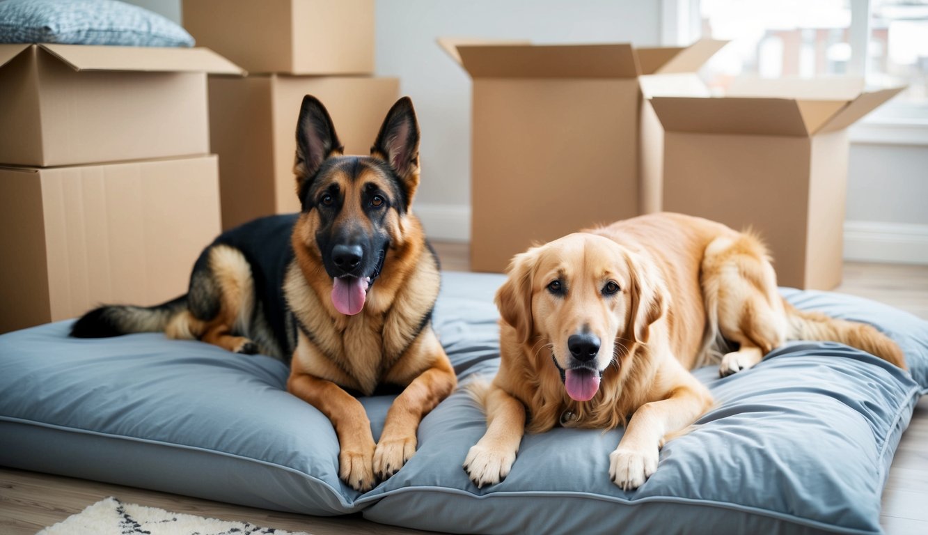 A German Shepherd and a Golden Retriever lay on freshly cleaned bedding in a tidy room, surrounded by moving boxes. Their fur is groomed and they appear content