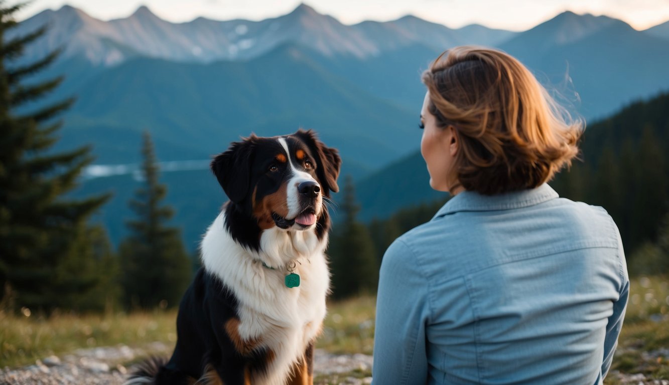 A Bernese Mountain dog sits calmly beside a person, both looking out over a tranquil mountain landscape