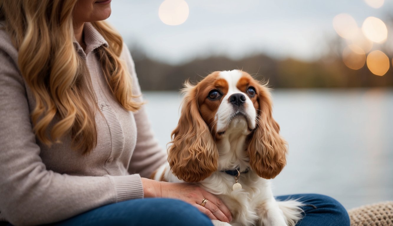 A Cavalier King Charles Spaniel sits peacefully beside its owner, gazing up with gentle eyes. The serene atmosphere reflects the breed's reputation as a quiet and loyal companion