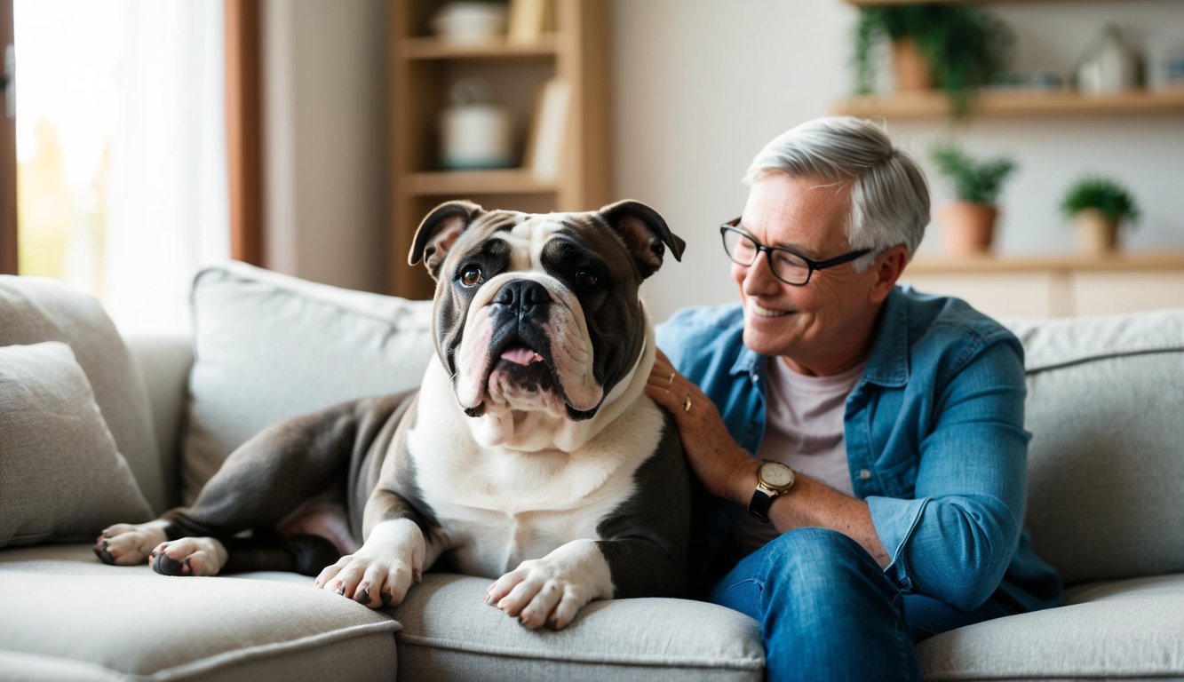 A bulldog lounges peacefully next to a content owner, both enjoying a serene moment in a cozy living room