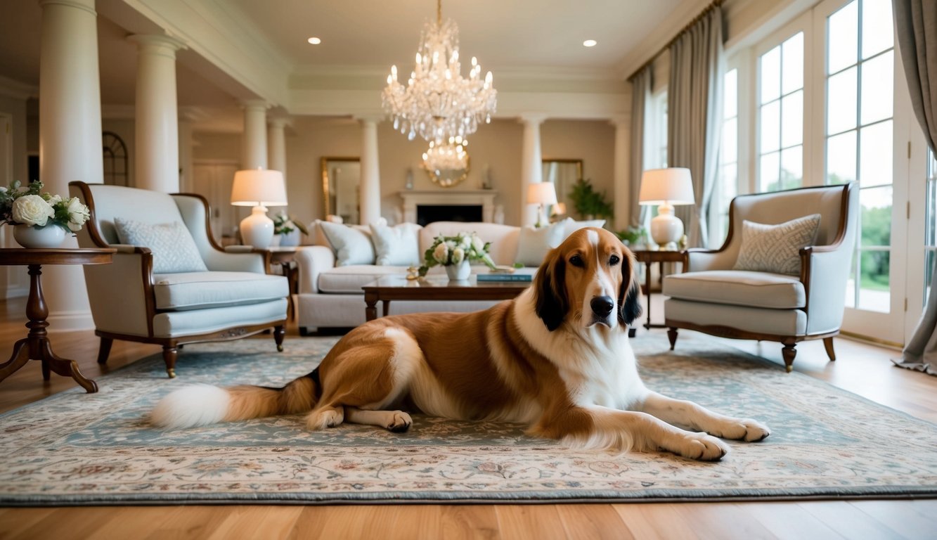 A serene, spacious living room with a Borzoi lounging on a plush rug, surrounded by elegant furniture and large windows letting in soft natural light