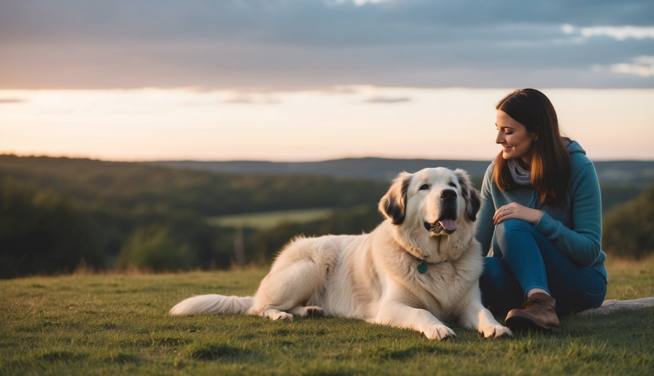 A serene landscape with a Great Pyrenees dog lying peacefully next to a person, both enjoying the quiet companionship