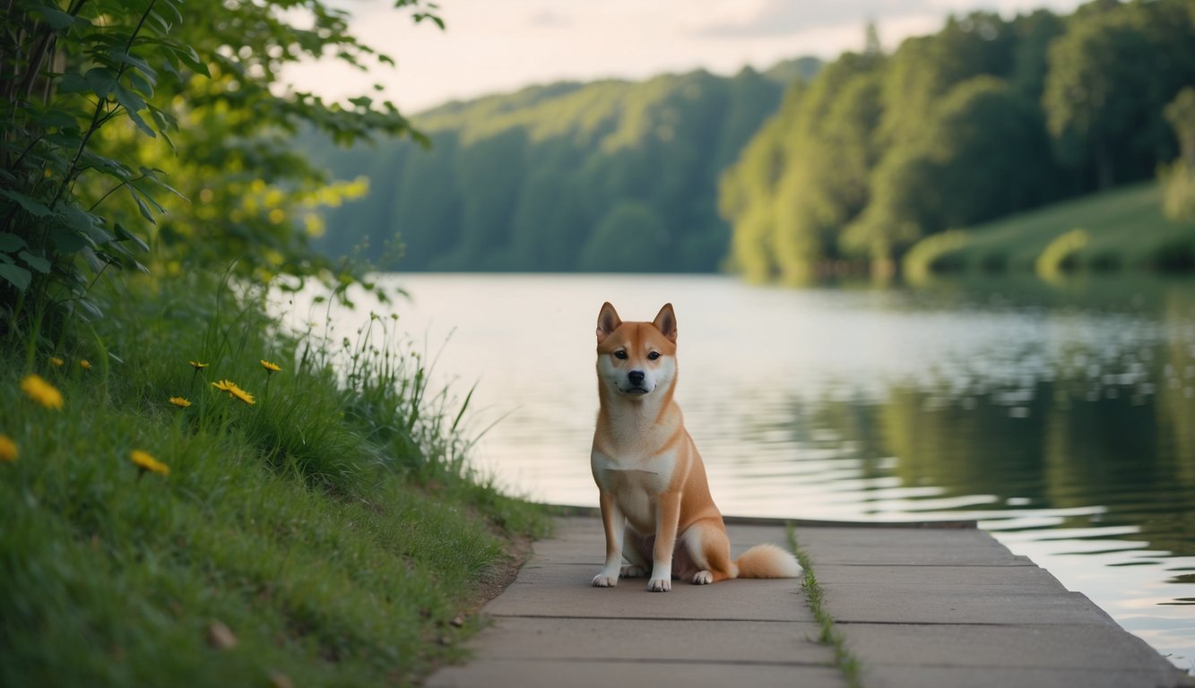 A Shiba Inu sits peacefully beside a serene lake, surrounded by lush greenery and a tranquil atmosphere