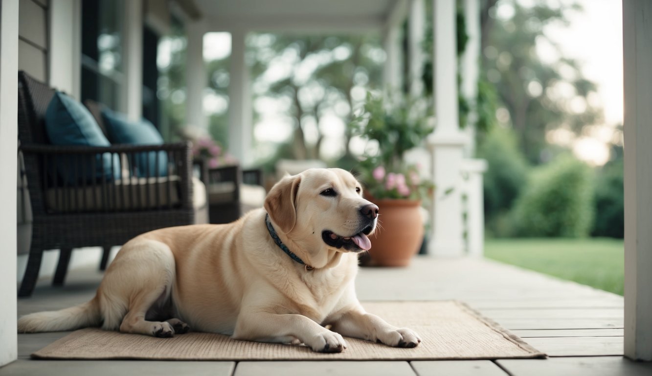 A serene scene of a peaceful home with a content, quiet dog lounging by its owner's side, surrounded by tranquil surroundings