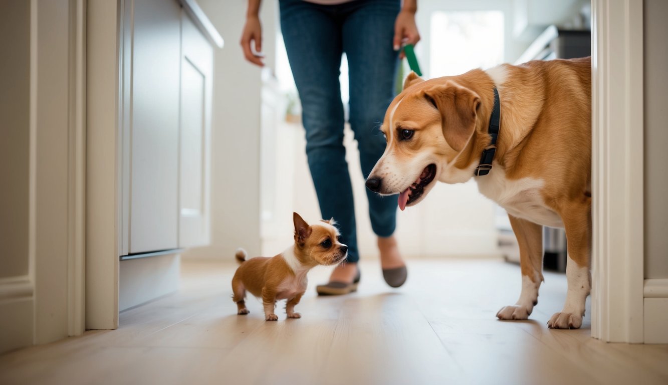 A small dog hesitantly explores a new home, while a larger, more confident dog eagerly investigates its surroundings. Their body language reflects their breed-specific anxiety traits