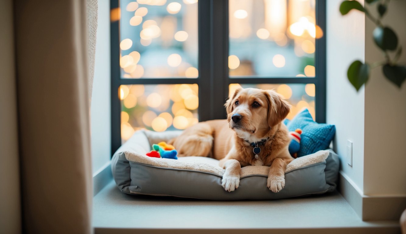 A cozy corner with a soft bed and toys, surrounded by familiar scents and sounds specific to the dog's breed