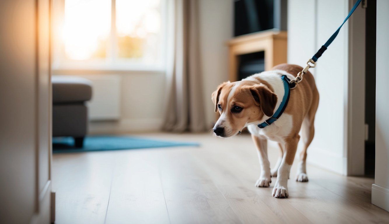 A dog on a leash cautiously explores a new home, sniffing and investigating its surroundings with curiosity and caution