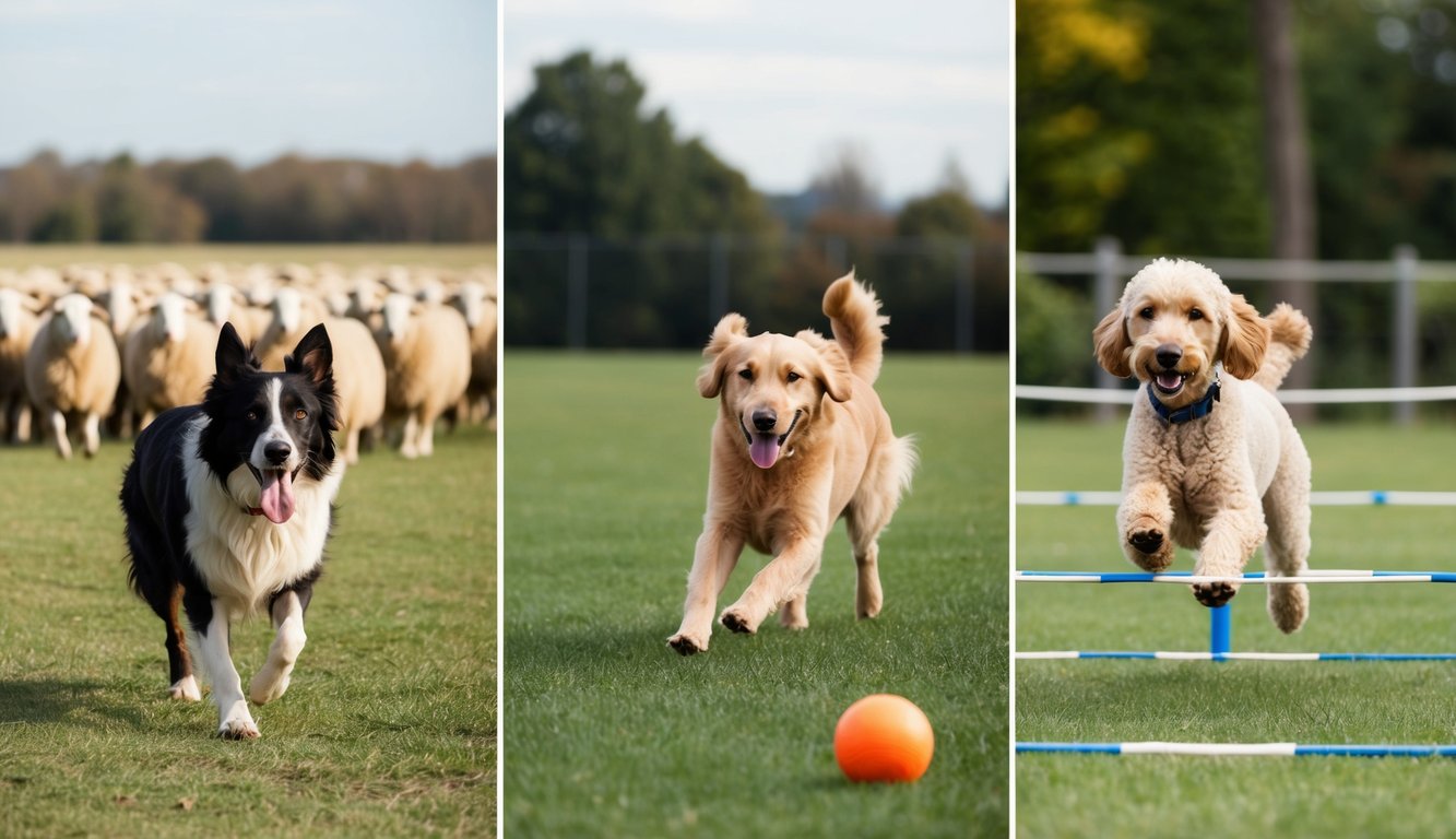 A border collie herding sheep in a spacious field, a golden retriever playing fetch in a park, and a poodle enjoying a game of agility in a fenced-in yard