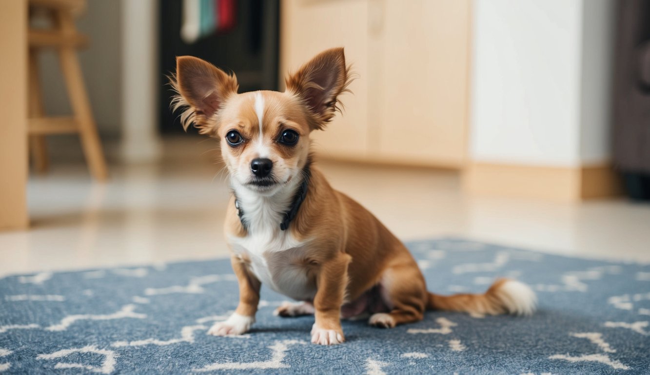 A small breed dog sits nervously in a new home, surrounded by unfamiliar scents and sights. Its ears are perked up, and its tail is tucked between its legs, showing signs of anxiety