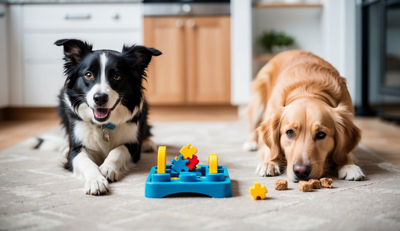 A border collie enthusiastically plays with a puzzle toy, while a golden retriever eagerly sniffs out hidden treats in a new home