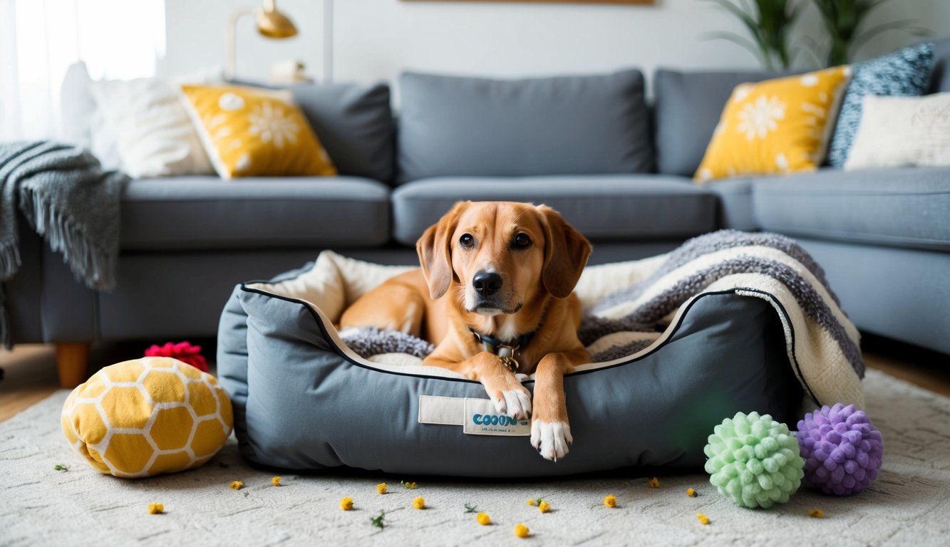 A cozy dog bed with familiar toys and blankets, surrounded by comforting scents like lavender and chamomile, in a new home setting