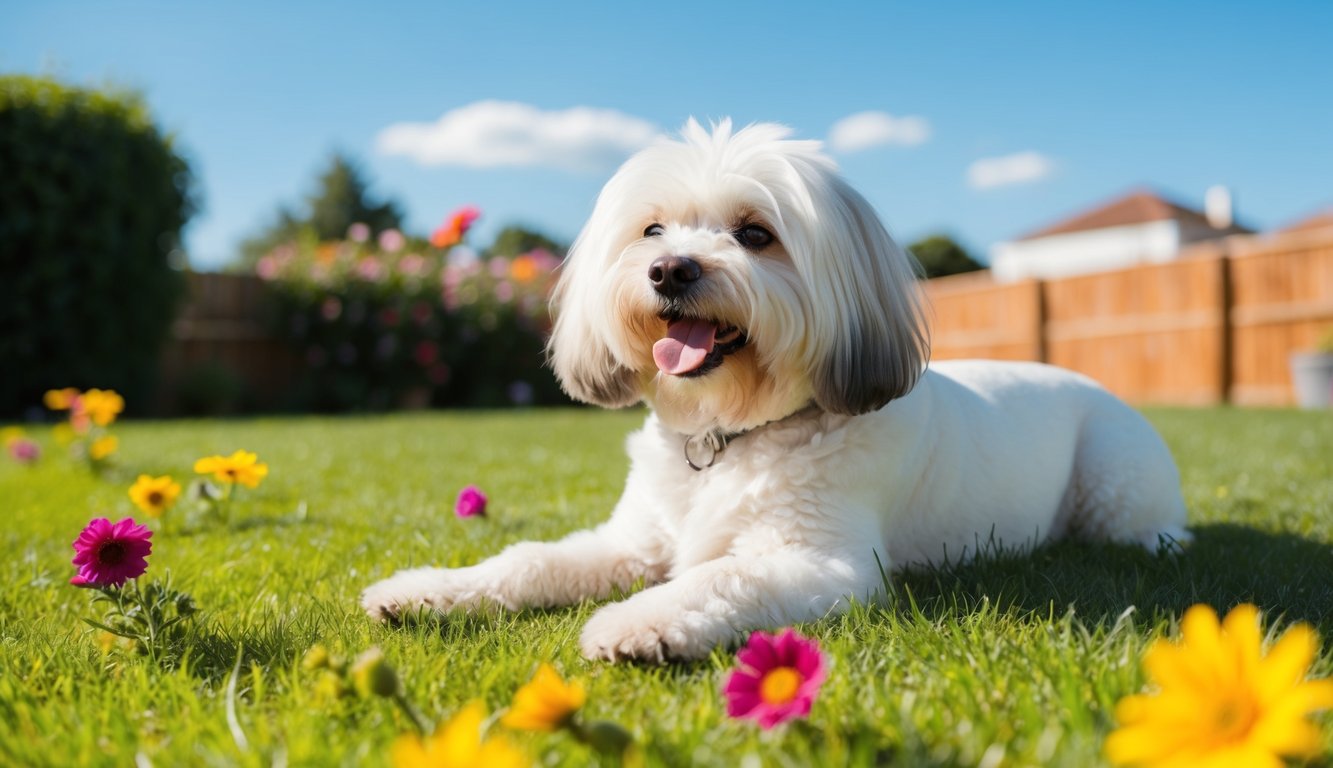 A Bichon Frise lounging in a sunny, grassy yard, surrounded by colorful flowers and a clear blue sky, exuding vitality and happiness