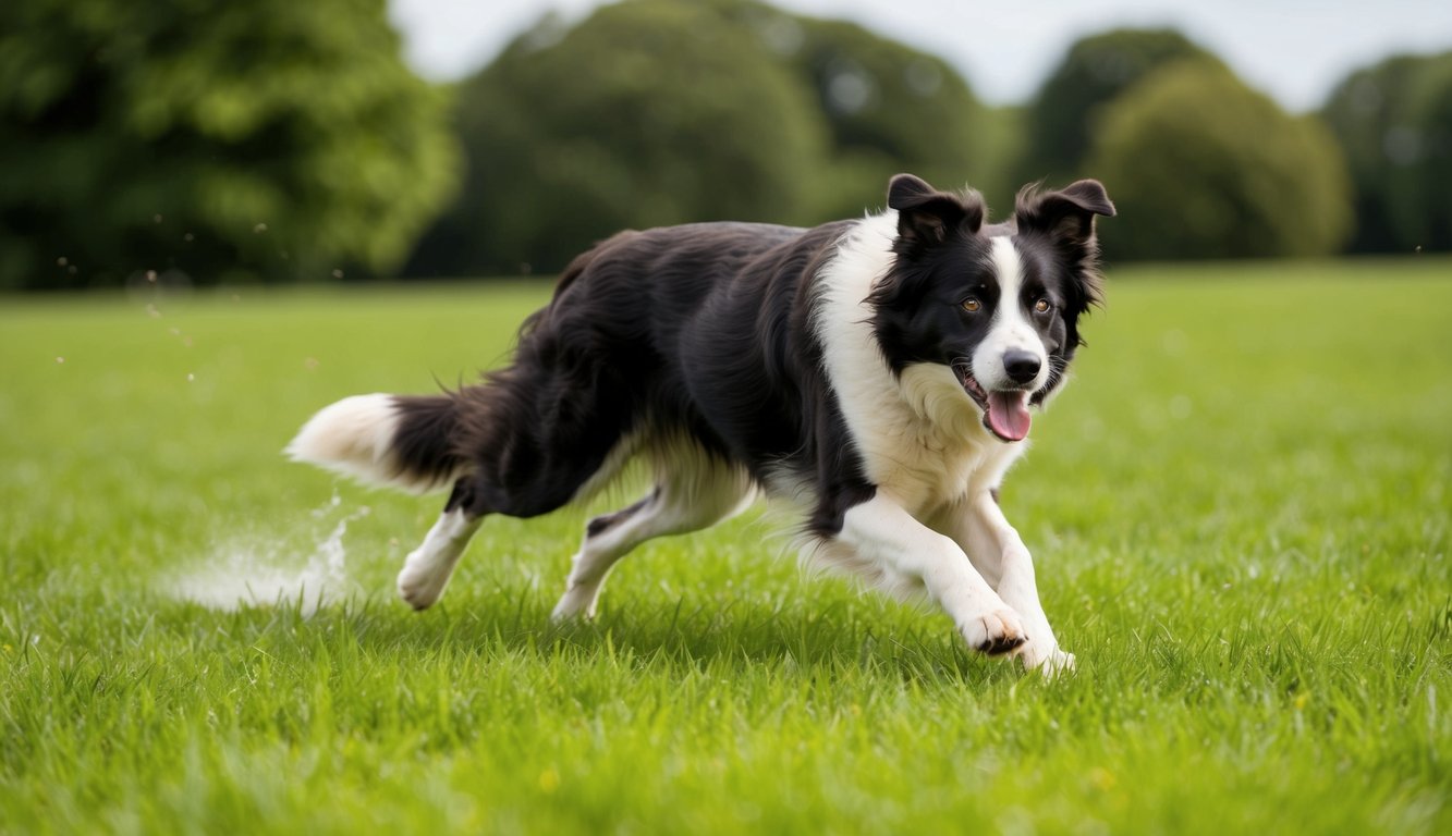 A Border Collie running through a lush green field, full of energy and vitality, showcasing its robust health and active nature