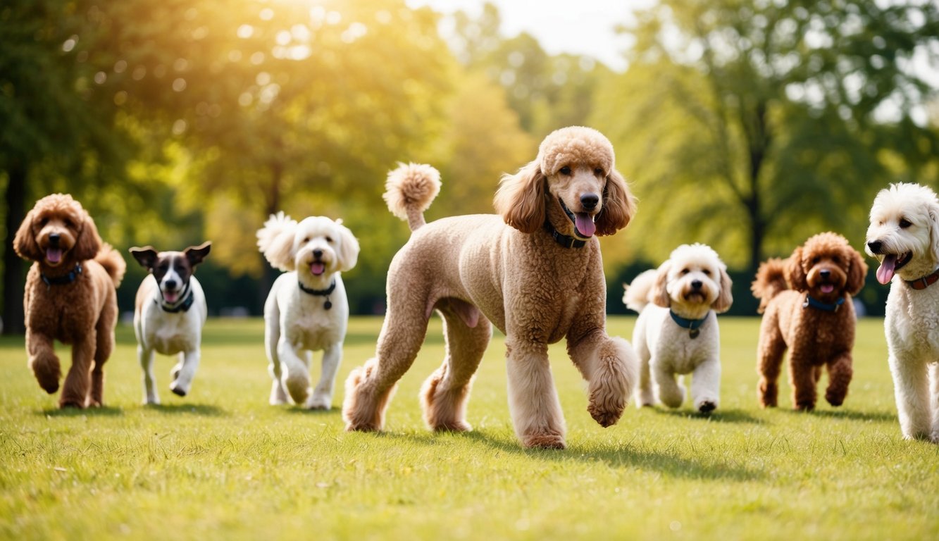 A lively Standard Poodle plays in a sunlit park, surrounded by other healthy and happy dogs of various breeds and sizes