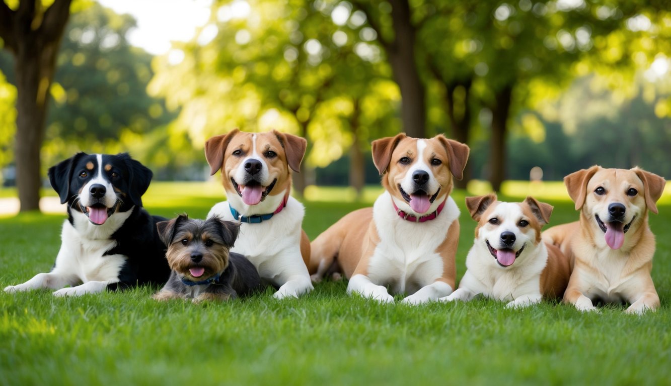 A group of spayed female dogs from the top 10 healthiest breeds, playing and relaxing in a lush, green park setting