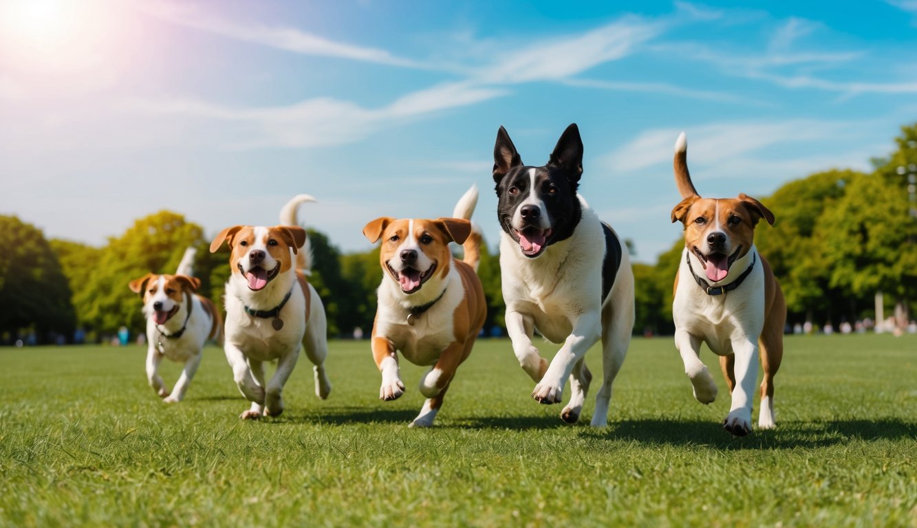A group of healthy, lower inbreeding coefficient dogs playing and running in a spacious, green park, with bright sunshine and clear blue skies overhead