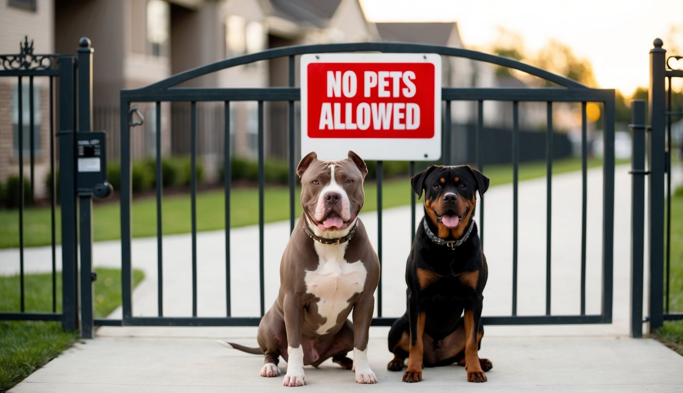 A pit bull and a Rottweiler sitting in front of a "No Pets Allowed" sign on a housing complex gate