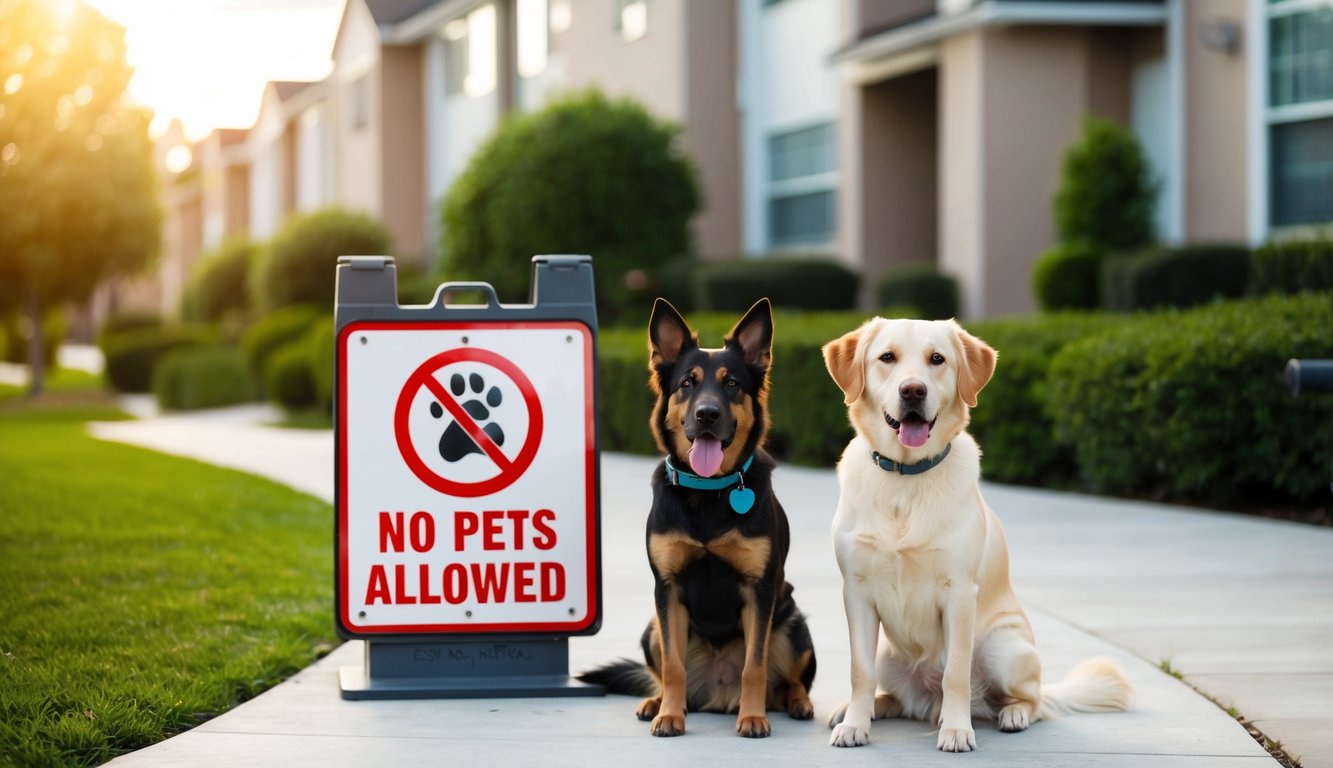 An emotional support animal (ESA) of various breeds sitting next to a "No Pets Allowed" sign outside a housing complex