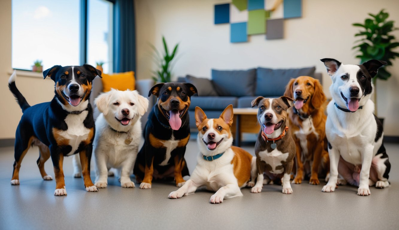 A diverse group of pets of various breeds and sizes happily playing together in a welcoming housing environment, with no discrimination based on breed