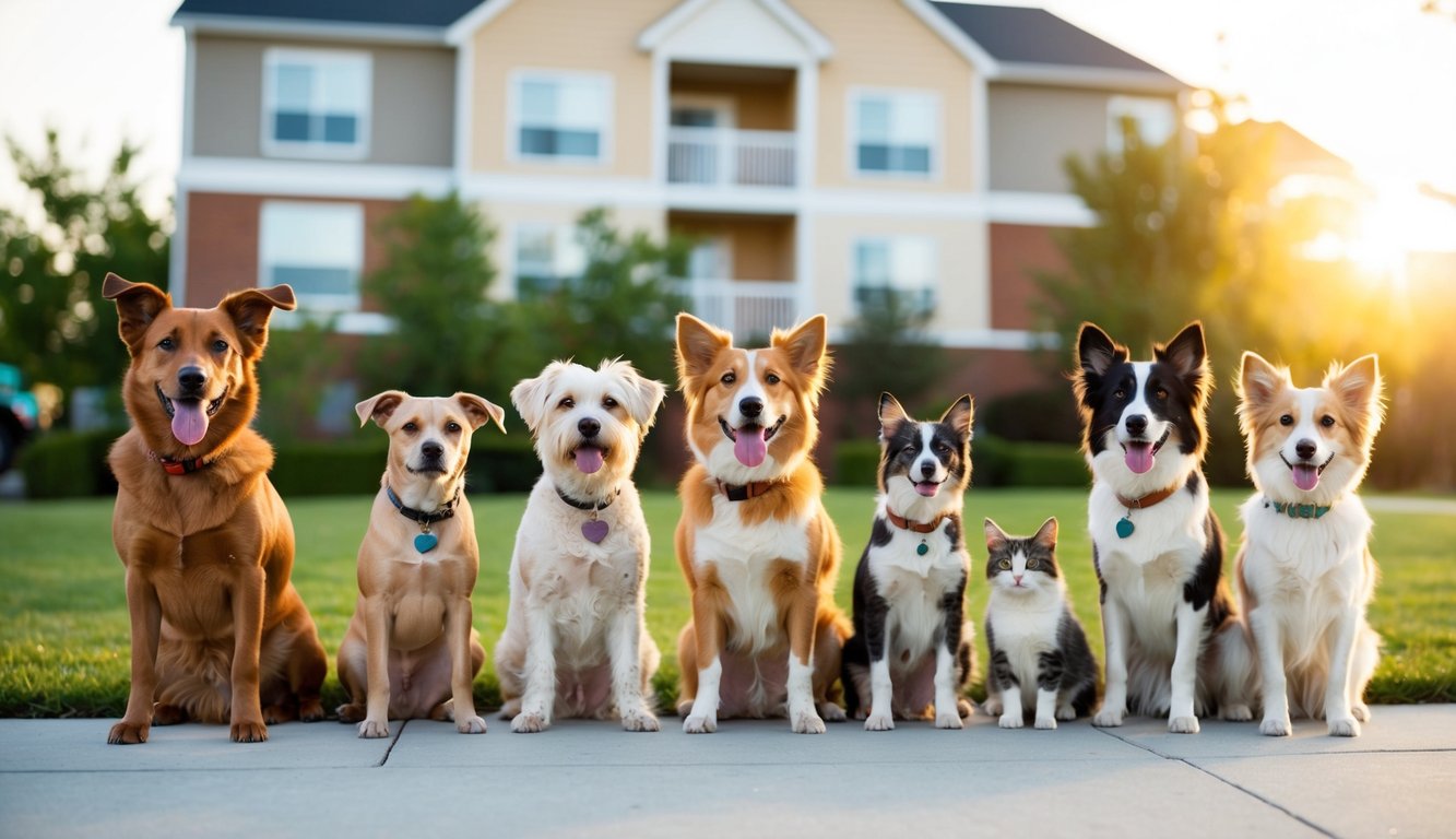 A diverse group of pets happily coexisting in a welcoming housing community with open pet policies