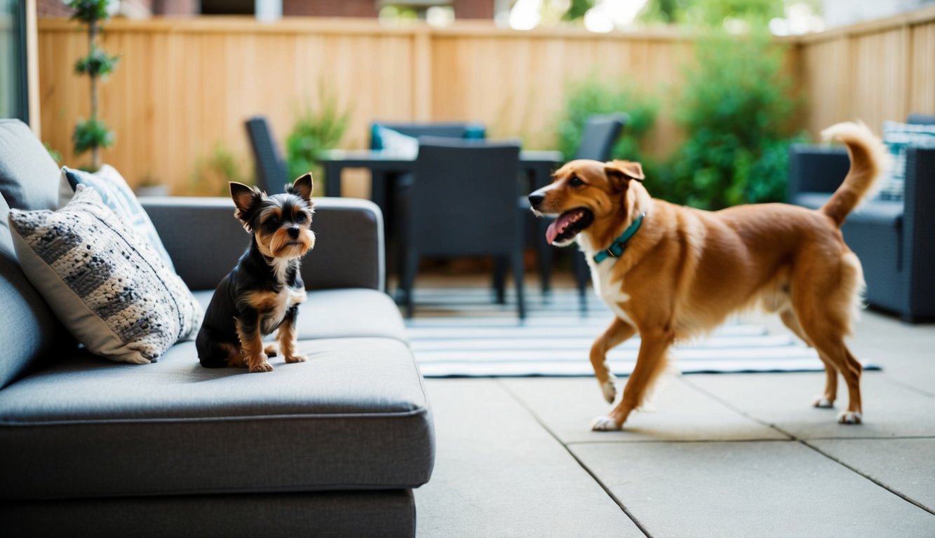 A small mixed breed dog sits on a cozy apartment couch, while a larger breed dog happily plays in a spacious backyard