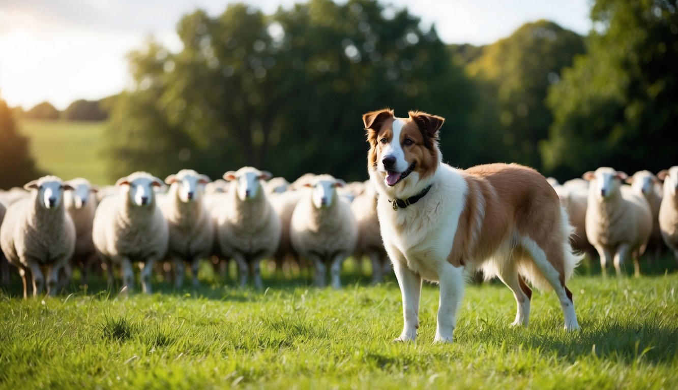 A brown and white dog, known among the best farm dog breeds, stands on green grass in front of a flock of sheep, with trees and sunlight in the background.