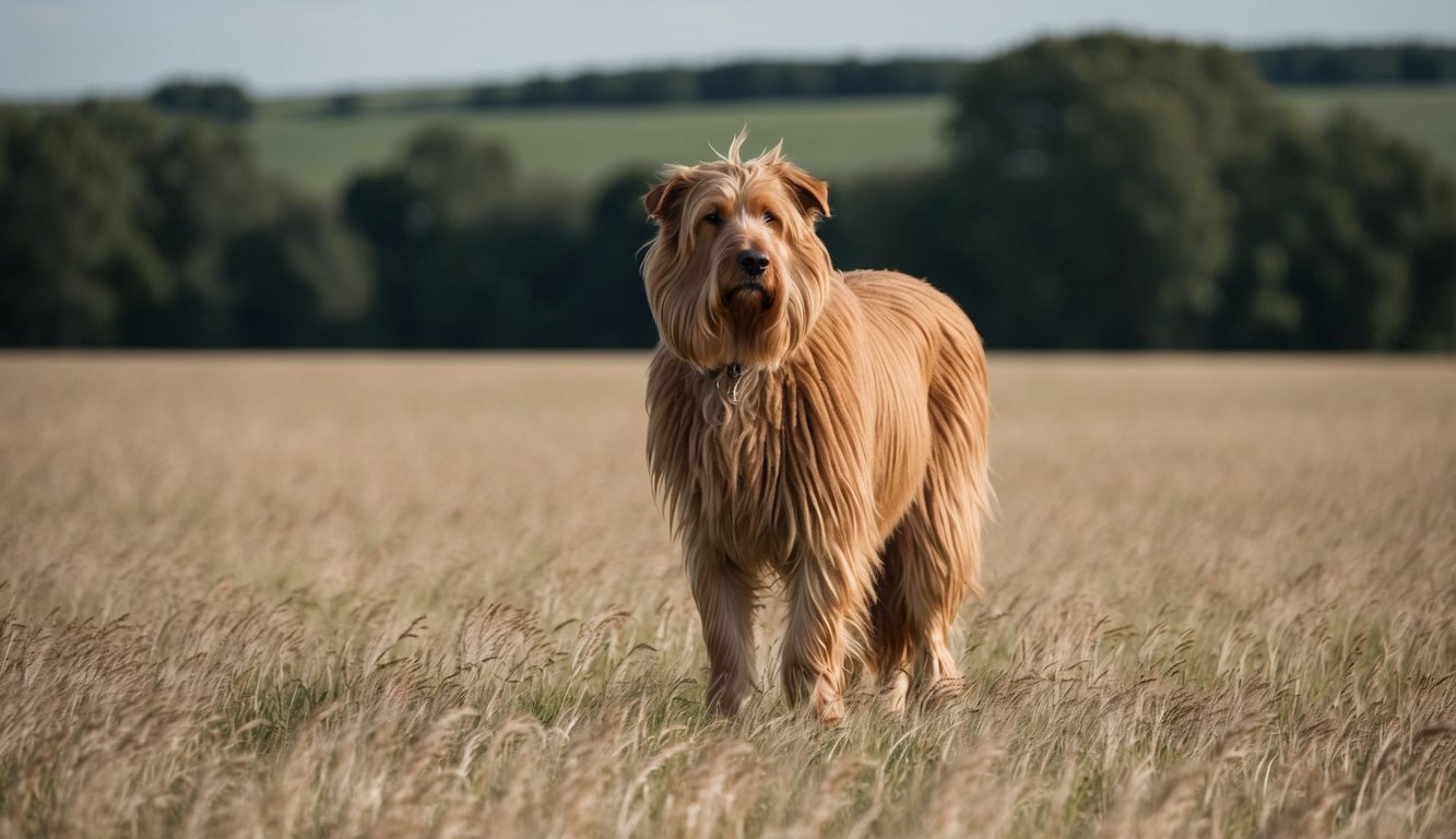 A long-haired, tan dog—one of the best farm dog breeds—stands in a grassy field with trees and a blurred landscape in the background under a partly cloudy sky.