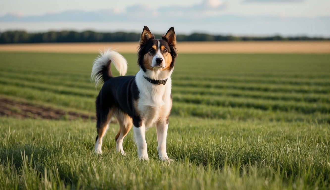 A medium-sized black, white, and brown dog with a fluffy tail—one of the best farm dog breeds—stands alert in a grassy field with crops and trees in the background.