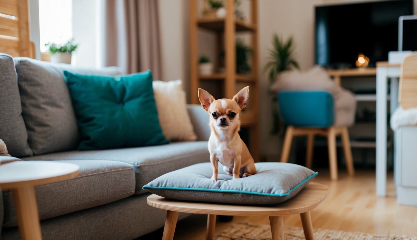 A cozy living room with a small couch and a tiny Chihuahua dog sitting on a cushion, surrounded by compact furniture and a warm, inviting atmosphere