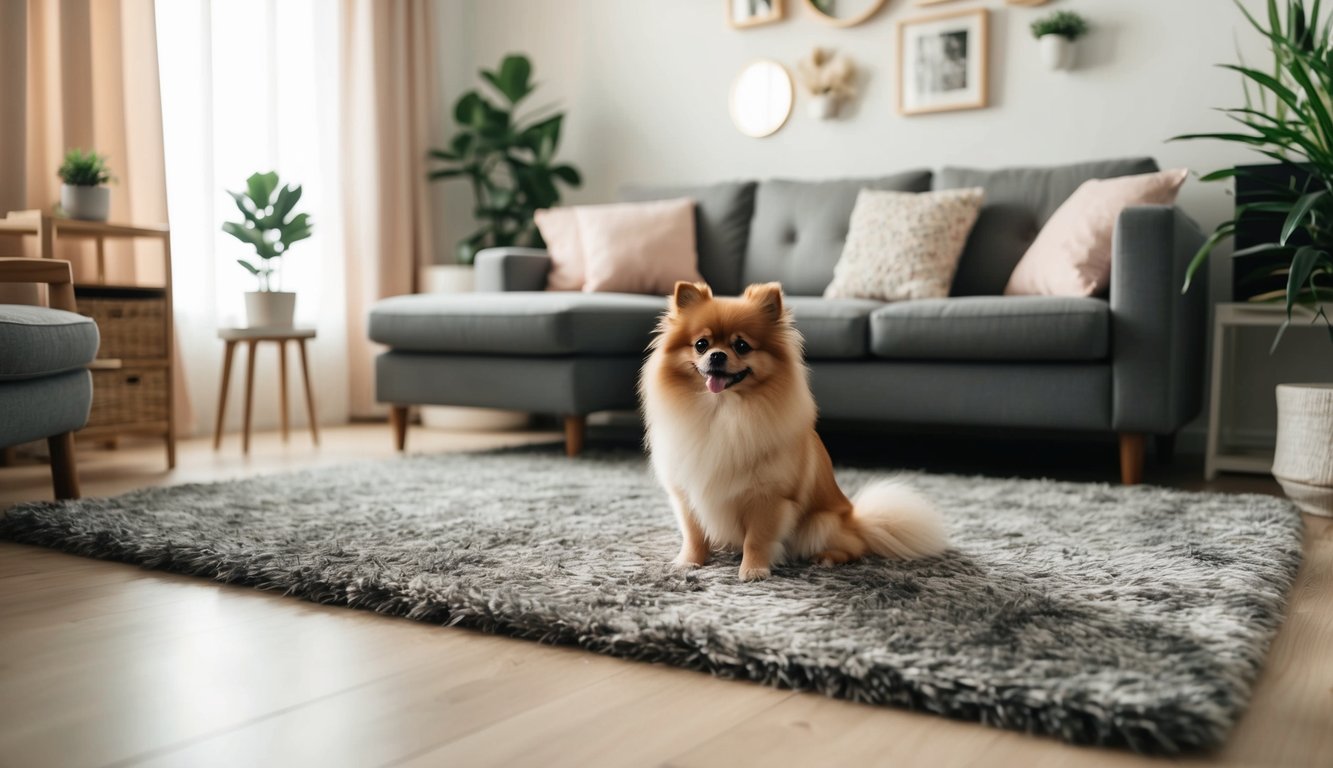 A cozy living room with a small Pomeranian dog sitting on a plush rug, surrounded by compact furniture and potted plants