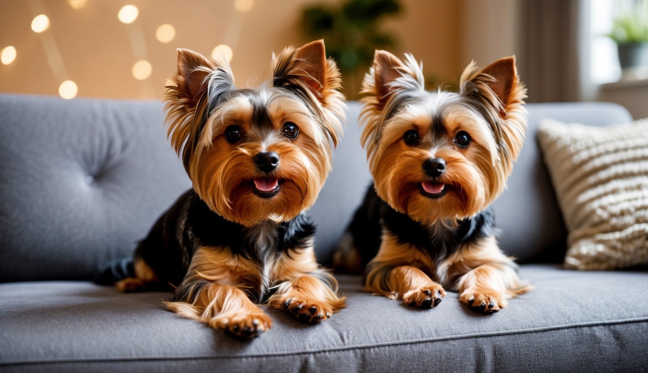 Two Yorkshire Terriers playfully romp in a cozy, compact living space, showcasing their small size and lively personalities