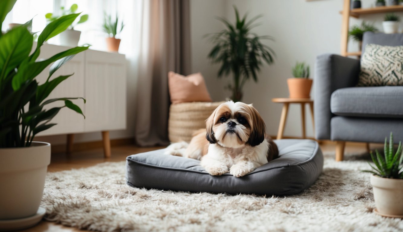 A cozy living room with a small Shih Tzu dog lounging on a plush rug, surrounded by compact furniture and potted plants