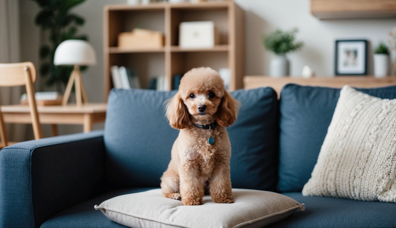 A cozy living room with a small, fluffy toy poodle dog sitting on a cushioned chair, surrounded by compact furniture and decor