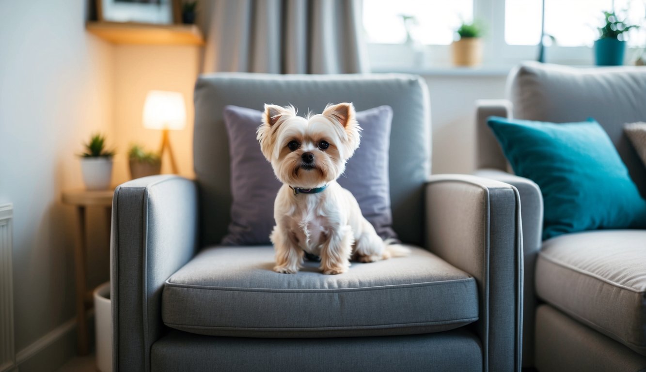 A cozy living room with a small, fluffy Maltese dog sitting on a cushioned armchair, surrounded by compact furniture and soft lighting