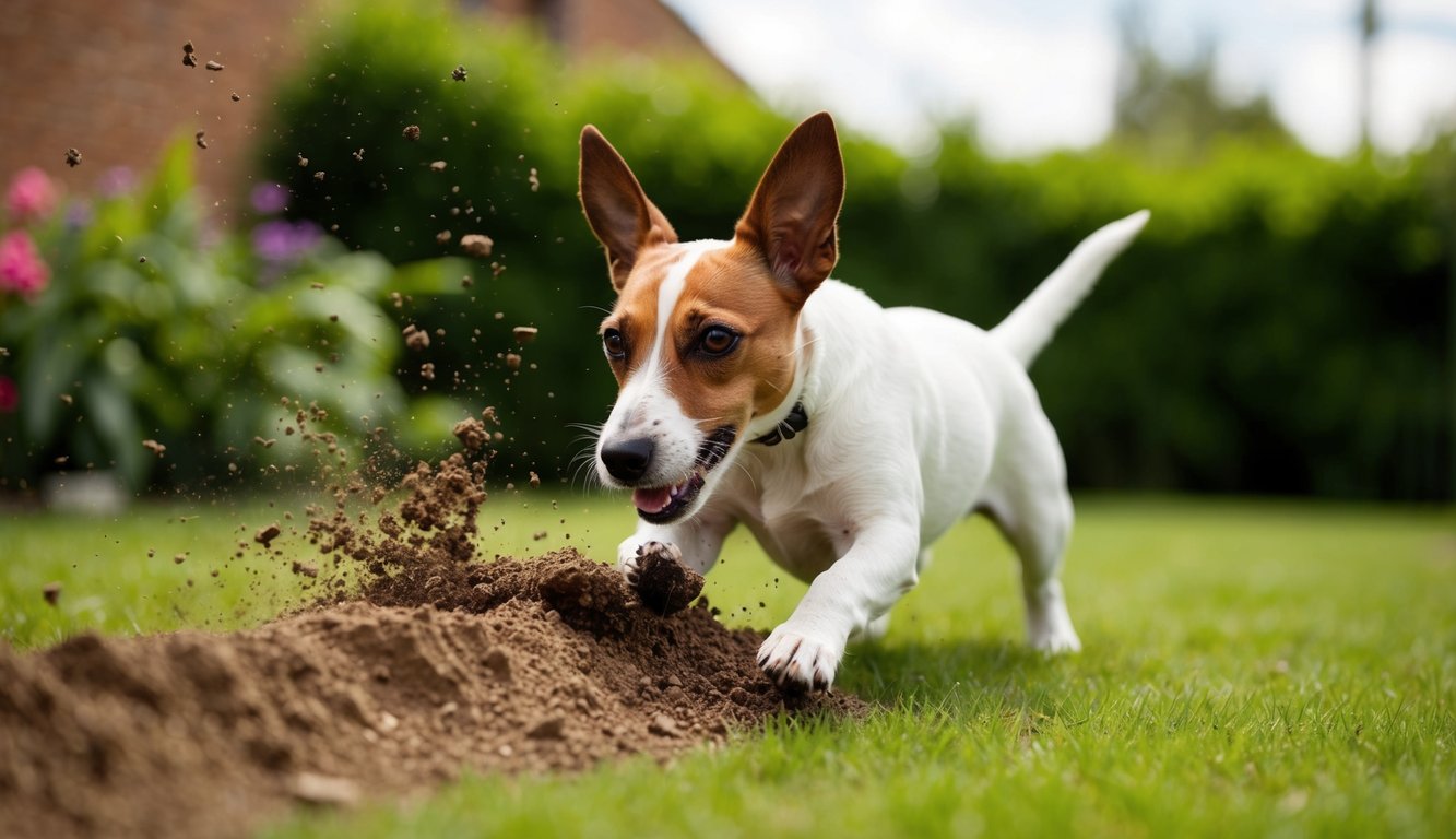 A Jack Russell terrier digging energetically in a garden, dirt flying as it uses its strong instincts to unearth something