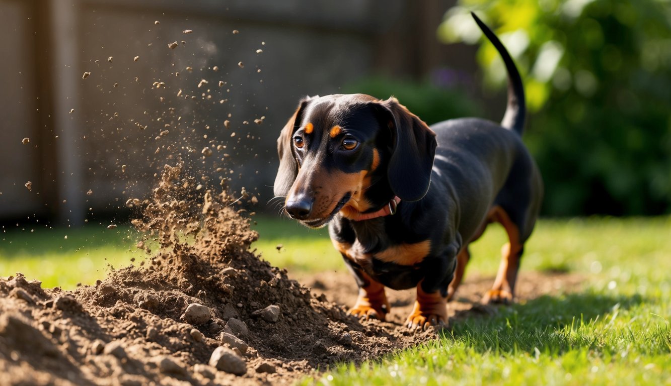 A dachshund enthusiastically digging in a garden, dirt flying as it uses its strong instincts to unearth something hidden underground