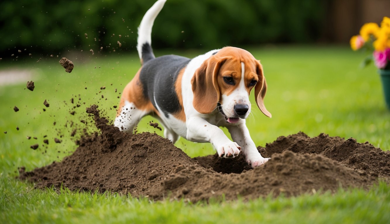 A beagle enthusiastically digs up a garden, dirt flying as it uses its strong paws to unearth something