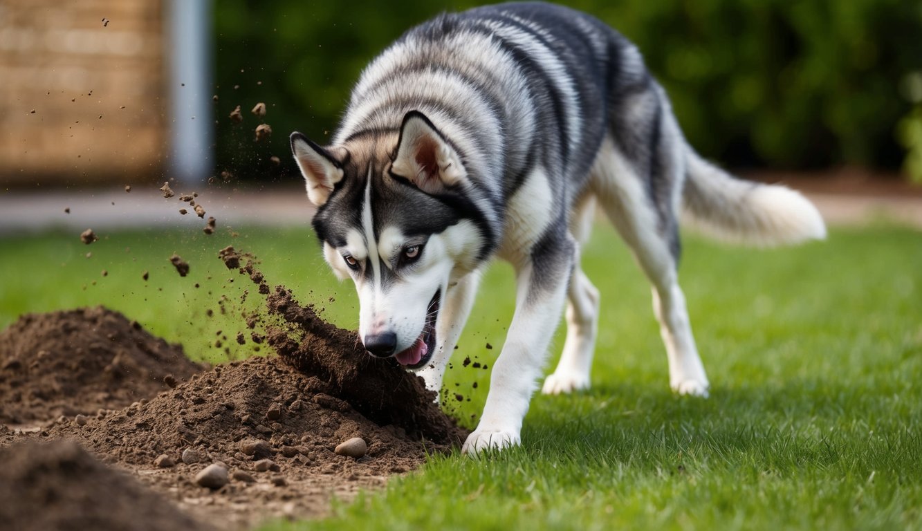 A Siberian Husky digging vigorously in a garden, dirt flying as the dog's strong instincts are on full display