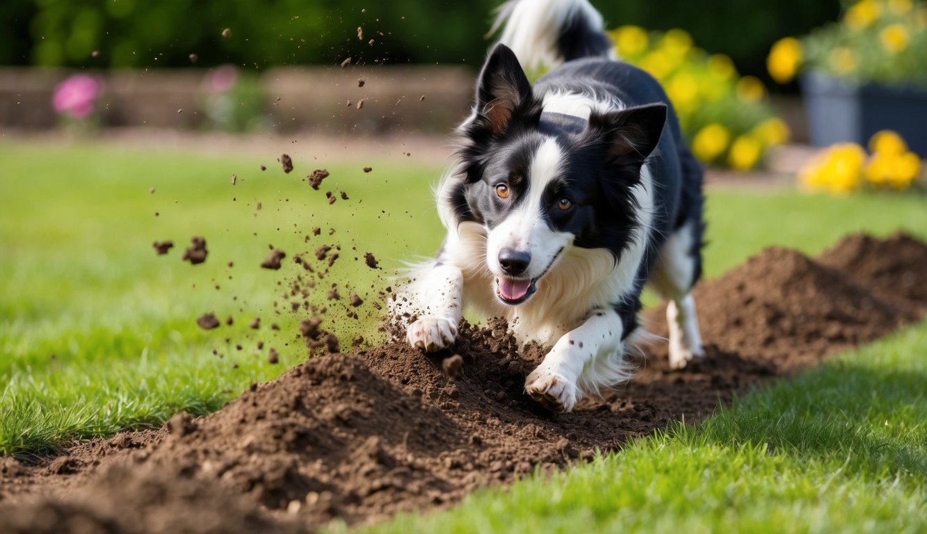 A Border Collie digging enthusiastically in a garden, dirt flying as it uses its strong instincts to unearth something hidden below
