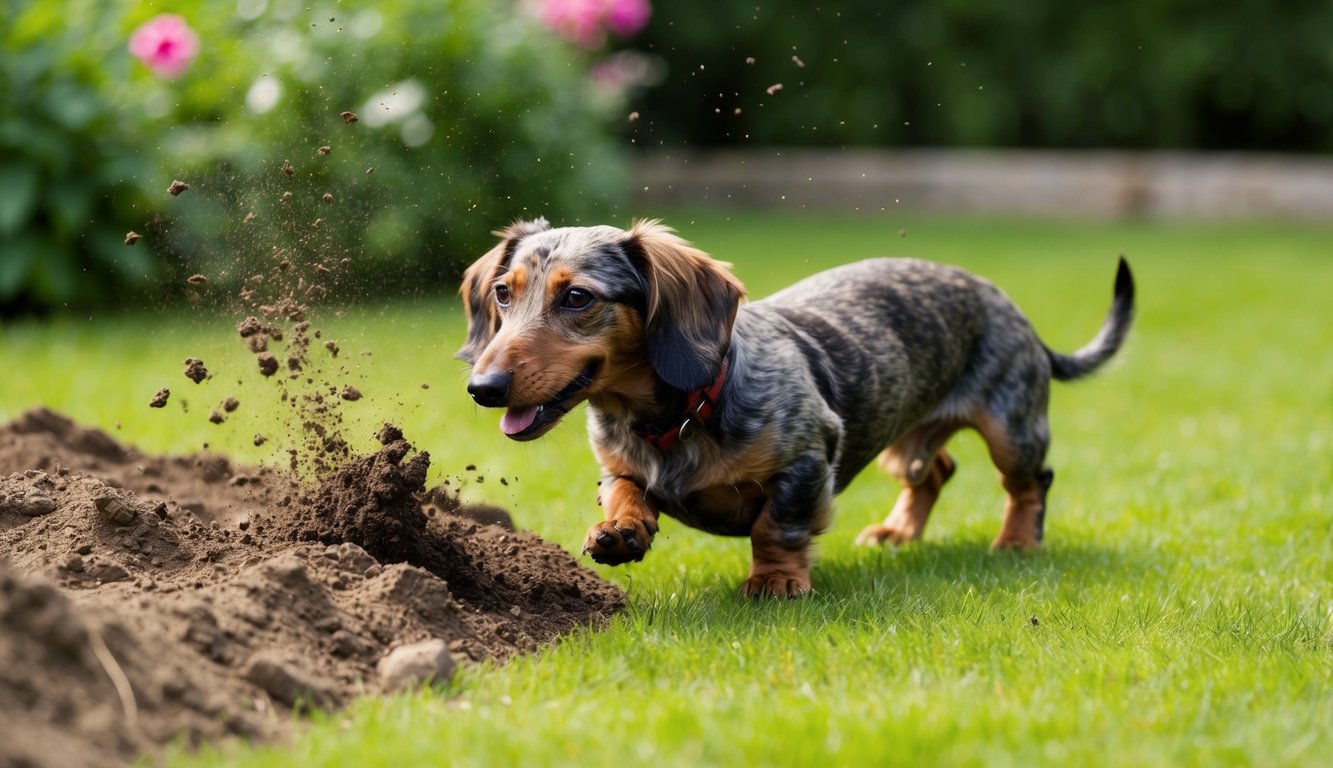 A wirehaired Dachshund digging enthusiastically in a garden, dirt flying as it uses its strong instincts to burrow and explore