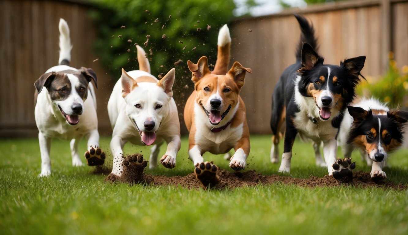 A variety of dogs of different breeds happily digging in a grassy backyard, with dirt flying and paws in motion