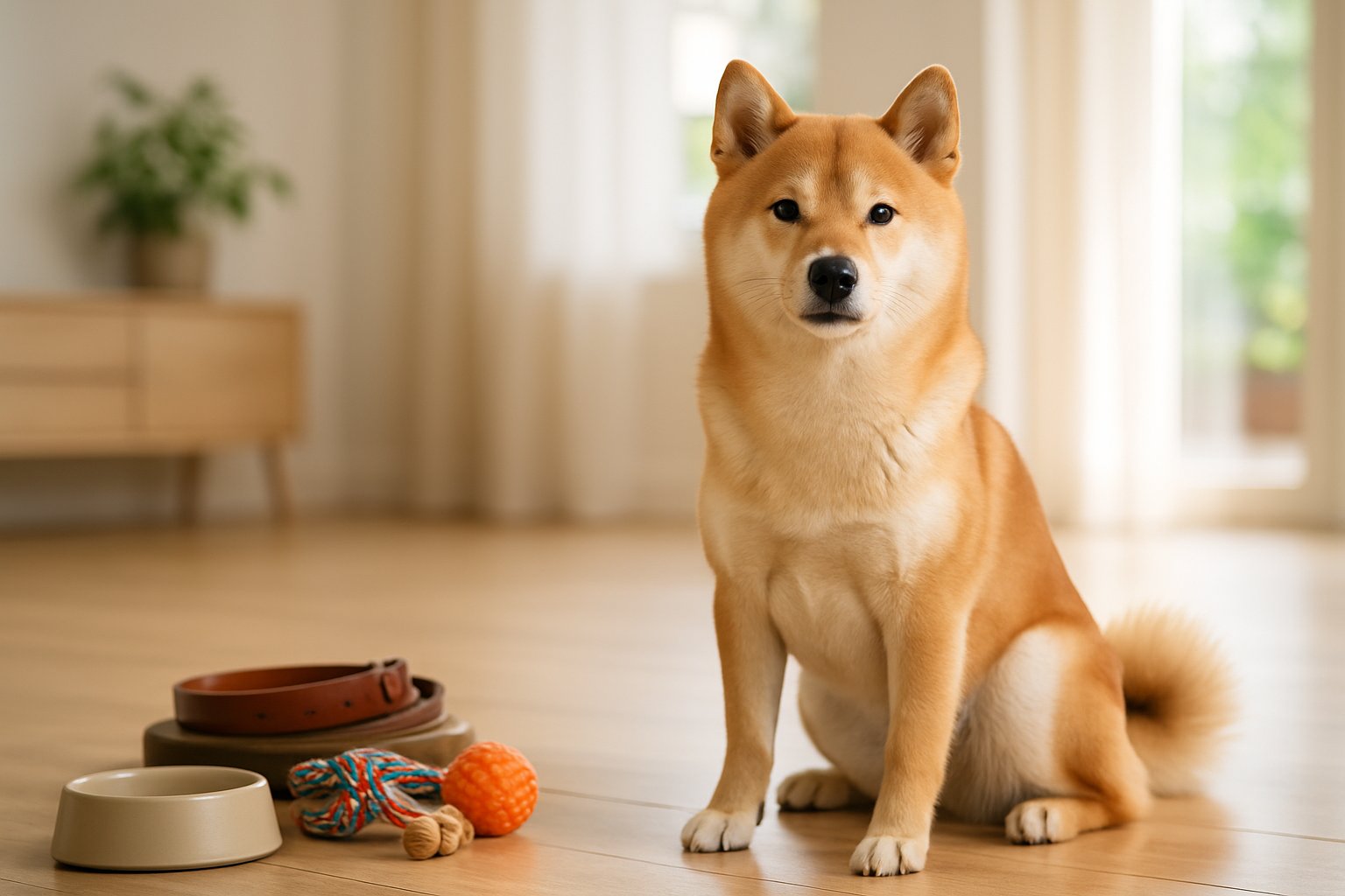 A Shiba Inu dog sitting on a wooden floor inside a bright home with pet supplies nearby.