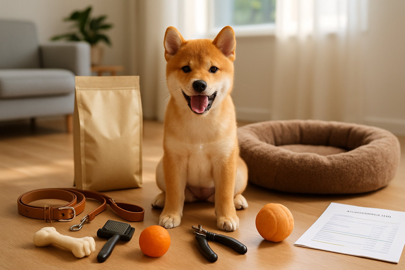 A Shiba Inu puppy sitting next to dog care items including food, toys, grooming tools, and a veterinary bill on a wooden floor in a bright living room.