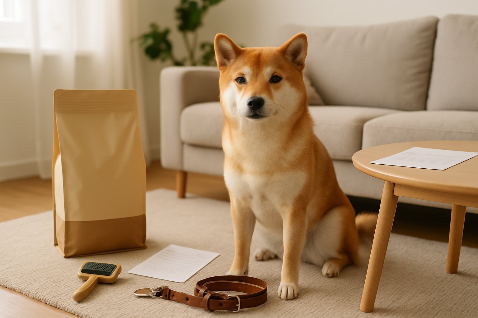 A Shiba Inu dog sitting on a living room floor surrounded by pet supplies like dog food, grooming tools, a leash, and documents representing veterinary care and insurance.