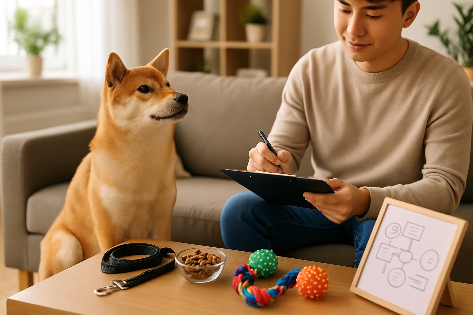 A Shiba Inu sitting attentively next to a person holding a clipboard in a bright living room with dog toys and training items nearby.