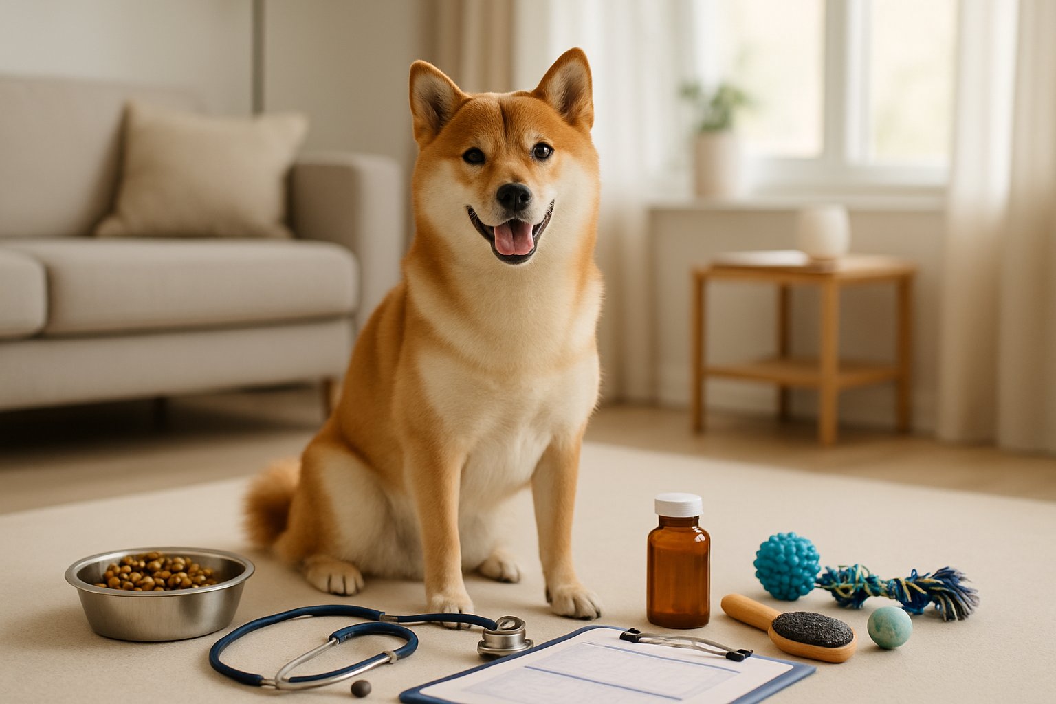 A Shiba Inu sitting on a living room floor surrounded by pet care items like a stethoscope, dog food, vitamins, and grooming tools.
